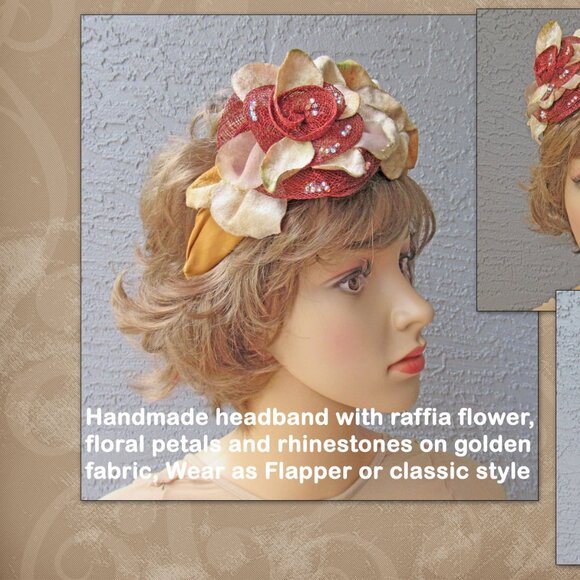 Handmade headband with raffia flower, floral petals & rhinestones, Beige & brown - Picture 5 of 13